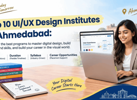 Create a simple website feature image on the topic below but dont use icons of ai tool and dont mension icons Blog Topic:Top 10 UI/UX Design Institutes in Ahmedabad – Fees, Duration, Syllabus & Career Opportunities