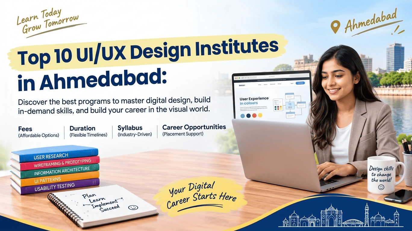 Create a simple website feature image on the topic below but dont use icons of ai tool and dont mension icons Blog Topic:Top 10 UI/UX Design Institutes in Ahmedabad – Fees, Duration, Syllabus & Career Opportunities